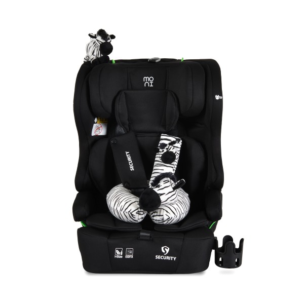 Scaun auto i-Size cu ISOFIX Moni Security Midnight black 76–150 cm – Top Tether, centură 5 puncte și tetieră reglabilă