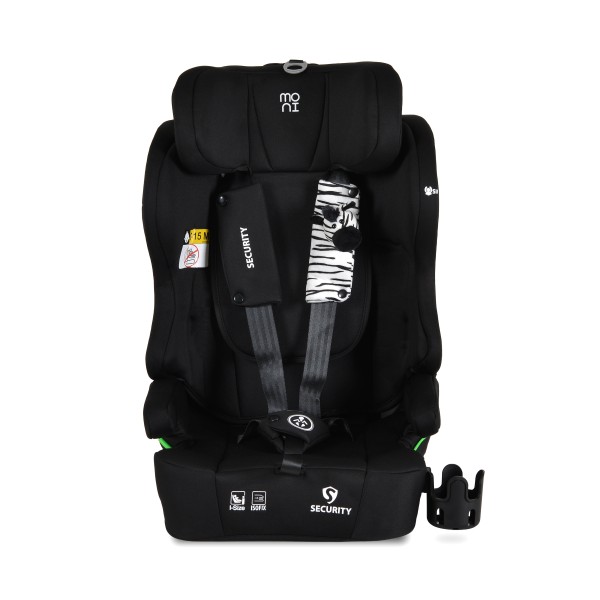 Scaun auto i-Size cu ISOFIX Moni Security Midnight black 76–150 cm – Top Tether, centură 5 puncte și tetieră reglabilă