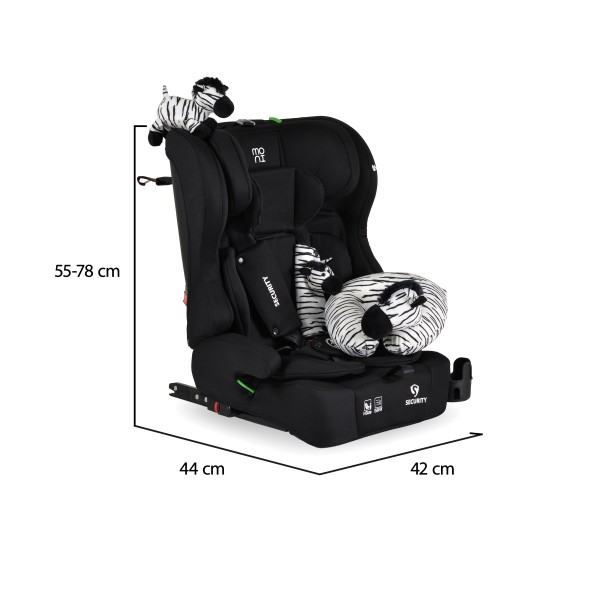 Scaun auto i-Size cu ISOFIX Moni Security Midnight black 76–150 cm – Top Tether, centură 5 puncte și tetieră reglabilă