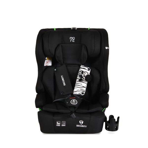 Scaun auto i-Size cu ISOFIX Moni Security Midnight black 76–150 cm – Top Tether, centură 5 puncte și tetieră reglabilă