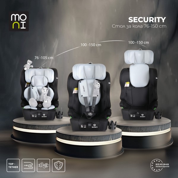 Scaun auto i-Size cu ISOFIX Moni Security Space Gray 76–150 cm – Top Tether, centură 5 puncte și tetieră reglabilă