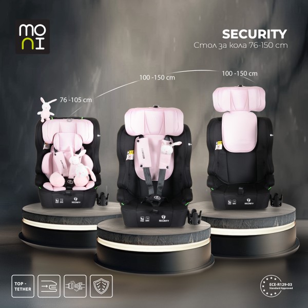 Scaun auto i-Size cu ISOFIX Moni Security Baby Pink 76–150 cm – Top Tether, centură 5 puncte și tetieră reglabilă