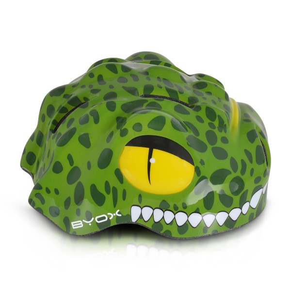 Cască protecție copii Byox Dino Dark Green – mărime S (48–54 cm), 6 orificii, LED