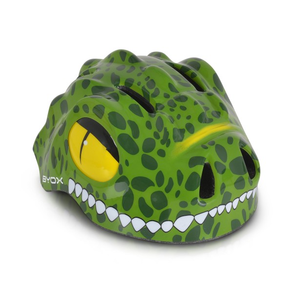 Cască protecție copii Byox Dino Dark Green – mărime S (48–54 cm), 6 orificii, LED