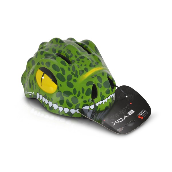 Cască protecție copii Byox Dino Dark Green – mărime S (48–54 cm), 6 orificii, LED