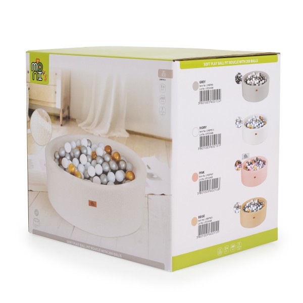 Piscină cu bile Moni Toys Boucle Grey – moale, 200 bile colorate, 12 luni+