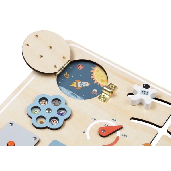 Tablă de activități Montessori din lemn Tooky Toy Space – joc educativ cu angrenaje și planete, 3 ani+