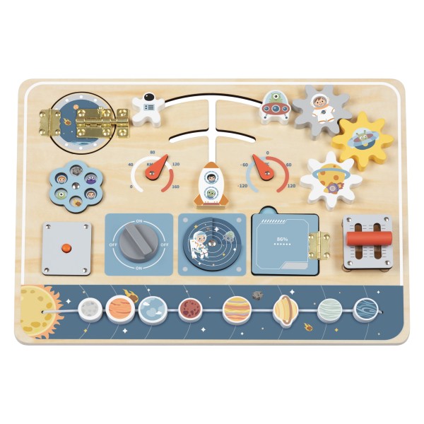 Tablă de activități Montessori din lemn Tooky Toy Space – joc educativ cu angrenaje și planete, 3 ani+ Tablă de activități Montessori din lemn Tooky Toy Space – joc educativ cu angrenaje și planete, 3 ani+