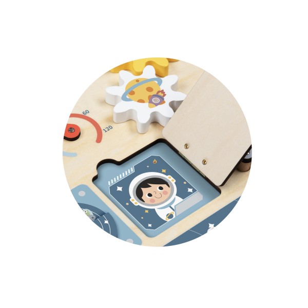 Tablă de activități Montessori din lemn Tooky Toy Space – joc educativ cu angrenaje și planete, 3 ani+