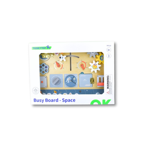 Tablă de activități Montessori din lemn Tooky Toy Space – joc educativ cu angrenaje și planete, 3 ani+