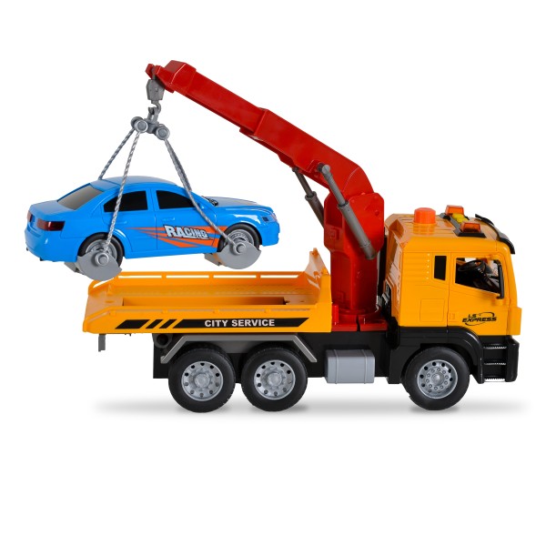 Mașină de asistență rutieră WENYI 1:10 – cu platformă, macara, mașinuță inclusă, lumini și sunete, 3 ani+
