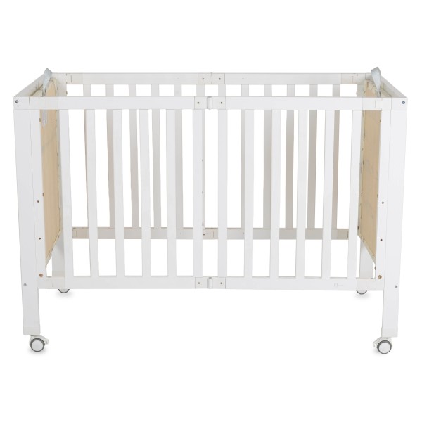 Pat din Lemn Pliabil pentru Bebelusi Cangaroo Nova White 120x60 cm, cu 3 Nivele Saltea și Roți cu Frână