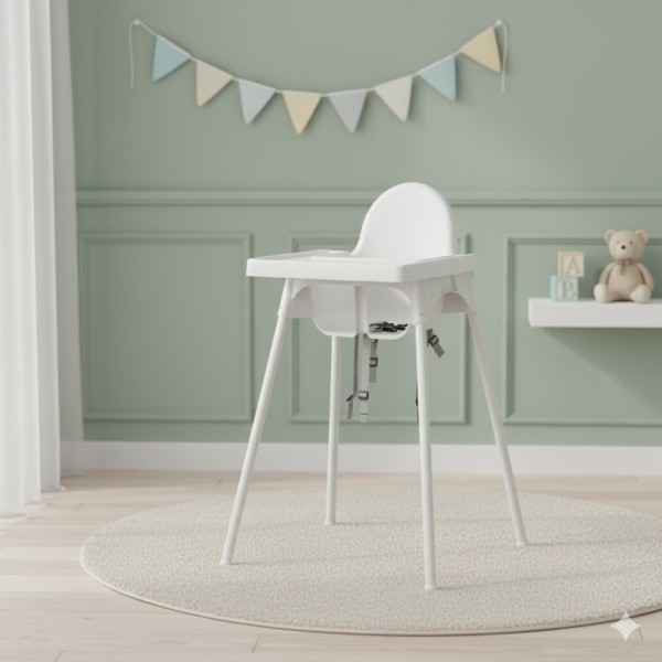 Scaun înalt pentru bebeluși pliabil până la 3 ani Linda Pure White – cu centură de siguranță, margine anti-scurgere și design compact