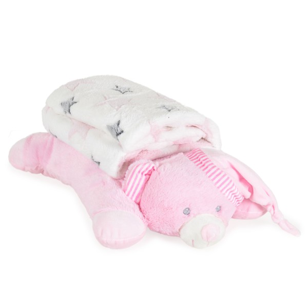 Set Pătură și Pernă Bebe Cangaroo Sleepy bear pink 90x75 cm – Moale și Delicată din Poliester, 0+ luni, Ideal pentru Pătuț și Cărucior
