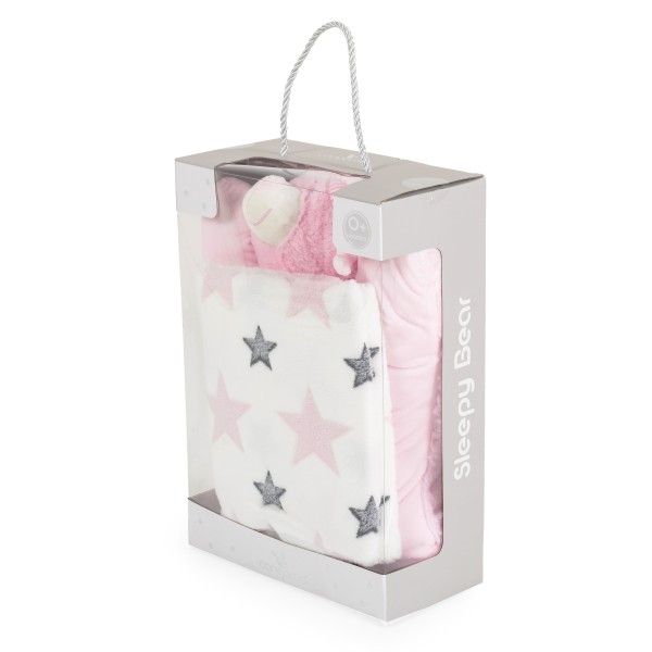 Set Pătură și Pernă Bebe Cangaroo Sleepy bear pink 90x75 cm – Moale și Delicată din Poliester, 0+ luni, Ideal pentru Pătuț și Cărucior