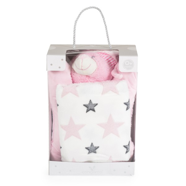 Set Pătură și Pernă Bebe Cangaroo Sleepy bear pink 90x75 cm – Moale și Delicată din Poliester, 0+ luni, Ideal pentru Pătuț și Cărucior