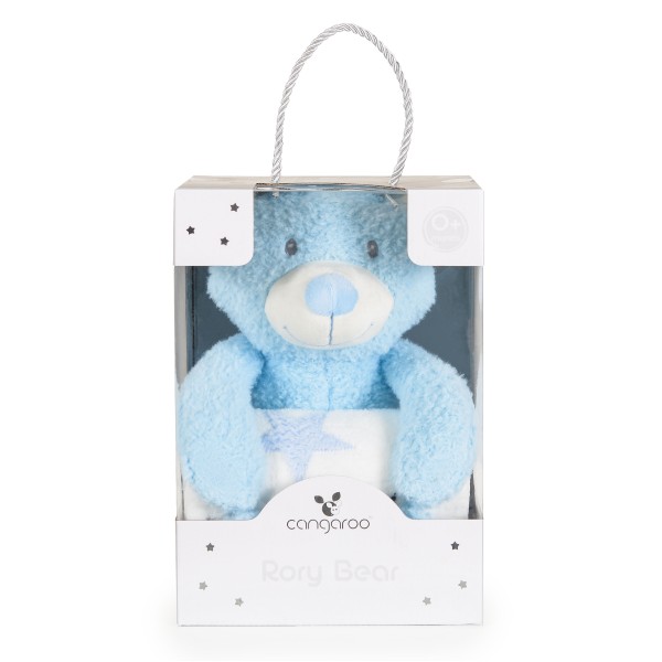 Set Pătură Bebe Cangaroo Rory Bear blue 75x90 cm cu Ursuleț de Pluș – Moale și Călduroasă, din Poliester Delicat, 0+ luni
