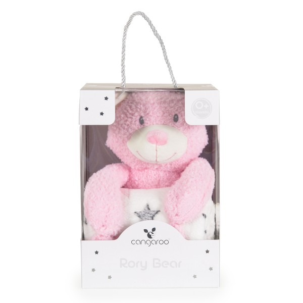 Set Pătură Bebe Cangaroo Rory Bear Pink 75x90 cm cu Ursuleț de Pluș – Moale și Călduroasă, din Poliester Delicat, 0+ luni