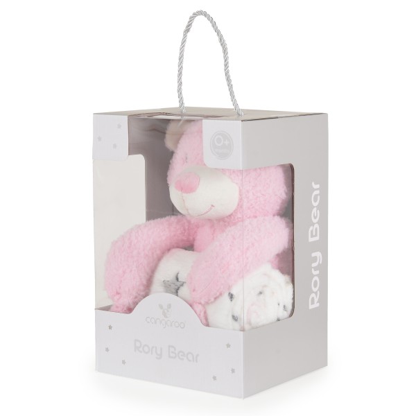 Set Pătură Bebe Cangaroo Rory Bear Pink 75x90 cm cu Ursuleț de Pluș – Moale și Călduroasă, din Poliester Delicat, 0+ luni
