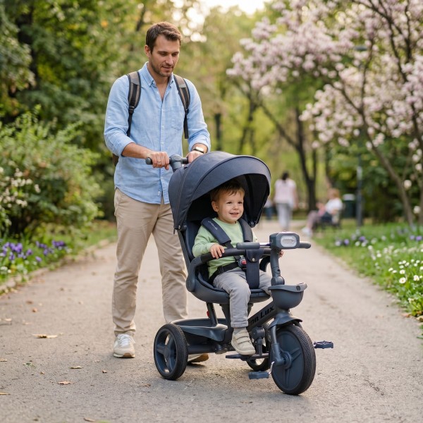 Tricicletă cu Control Parental Byox Fusion Lux Dark Grey, Scaun Rotativ 360°, 5 Luni – 5 Ani