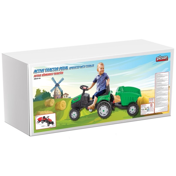 Tractor cu pedale si remorca detasabila pentru copii, Pilsan Active Rosu, Varsta recomandata 3-6 Ani, Dimensiune 143 x 51 x 51 cm