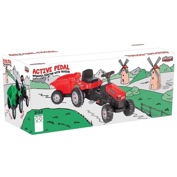 Tractor cu pedale si remorca detasabila pentru copii, Pilsan Active Rosu, Varsta recomandata 3-6 Ani, Dimensiune 143 x 51 x 51 cm