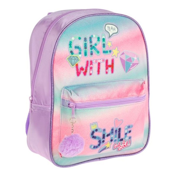 Ghiozdan Gradinita pentru fete, Girl With Smile Roz Violet si Pampon, Dimensiune 24x10x31cm