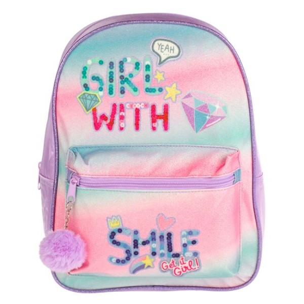 Ghiozdan Gradinita pentru fete, Girl With Smile Roz Violet si Pampon, Dimensiune 24x10x31cm