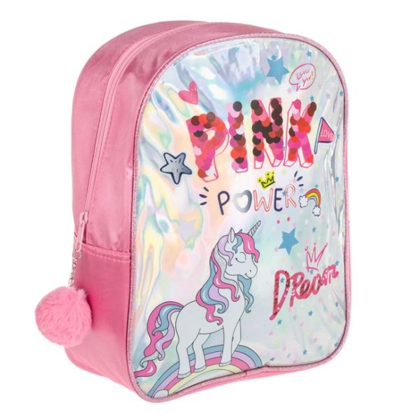 Ghiozdan Holografic pentru Gradinita, Unicorn Pink Power Roz, model fete, Dimensiune 24x10x31cm