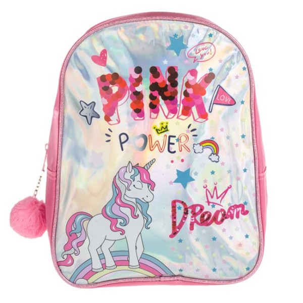 Ghiozdan Holografic pentru Gradinita, Unicorn Pink Power Roz, model fete, Dimensiune 24x10x31cm