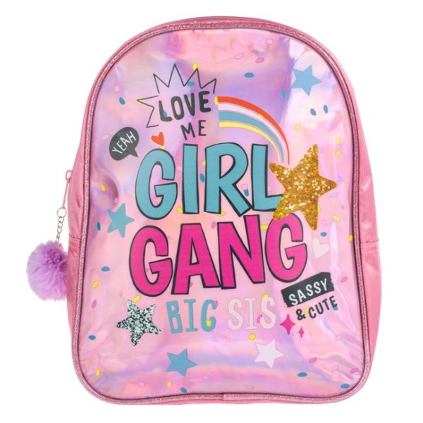 Ghiozdan Holografic pentru Gradinita, Girl Gang Roz, model fete, Dimensiune 24x10x31cm