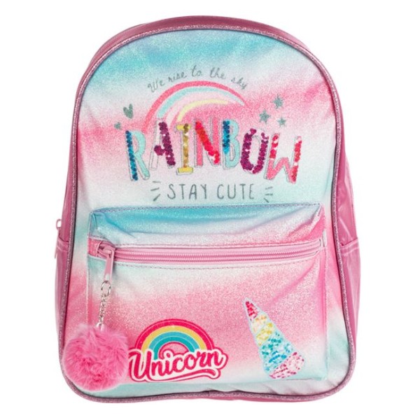 Ghiozdan Fetite pentru Gradinita, Unicorn Rainbow cu Pompon Roz, Dimensiune 24x10x31cm