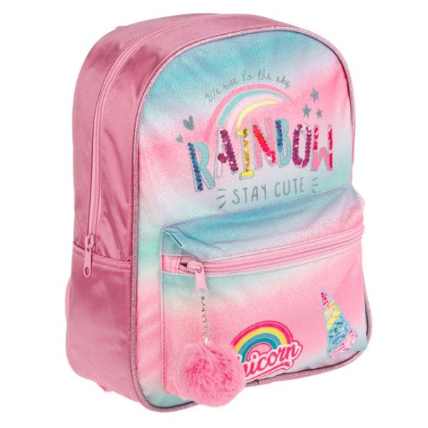 Ghiozdan Fetite pentru Gradinita, Unicorn Rainbow cu Pompon Roz, Dimensiune 24x10x31cm