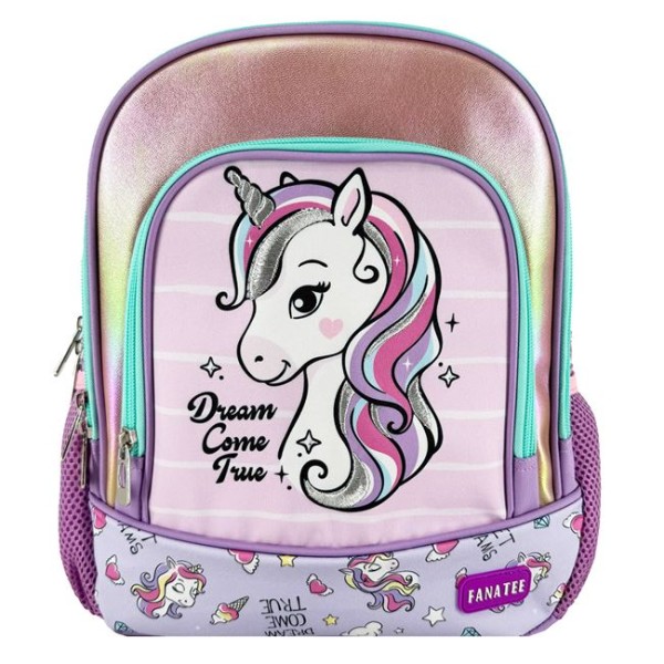 Ghiozdan Fetite pentru Gradinita, Unicorn Roz, Buzuar pentru Sticla cu Apa, Eticheta numele copilului, Dimensiune 27x13x33cm