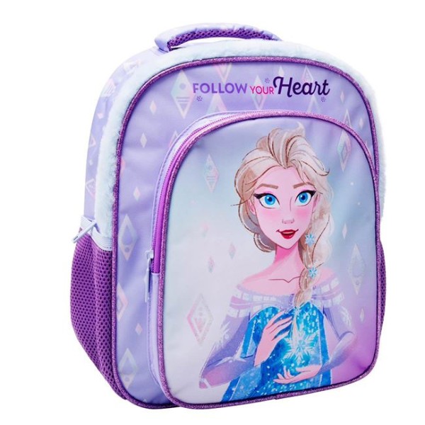 Ghiozdan Fetite pentru Gradinita , Frozen 2 cu Glitter Lila, Buzuar pentru Sticla cu Apa, Eticheta numele copilului, Dimensiune 27x13x33cm