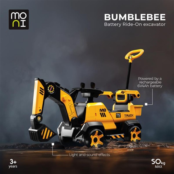 Excavator Electric Copii Moni Bumblebee Galben – 6V, Cupă Funcțională, Lumină, Sunete și Control Parental, Varsta 3–8 Ani