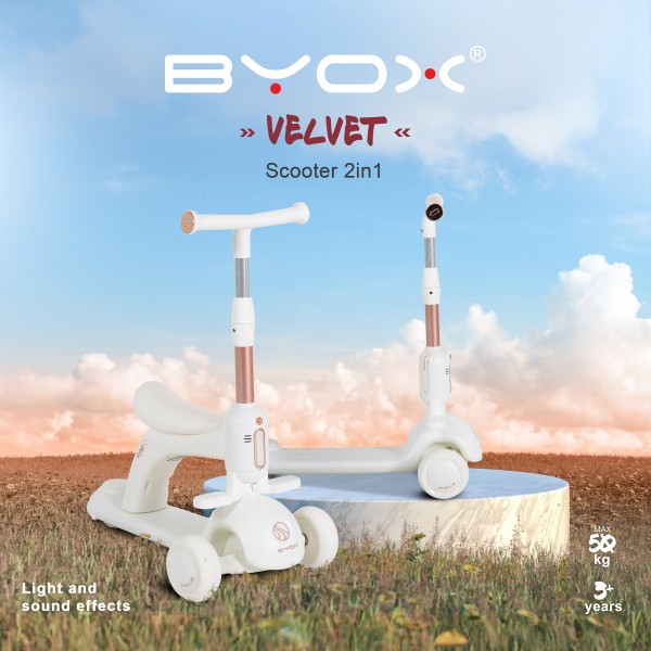 Trotinetă 2 in 1 Copii Byox Velvet Royal White – Cu Scaun, Lumină, Muzică și Ghidon Reglabil, 3+ Ani