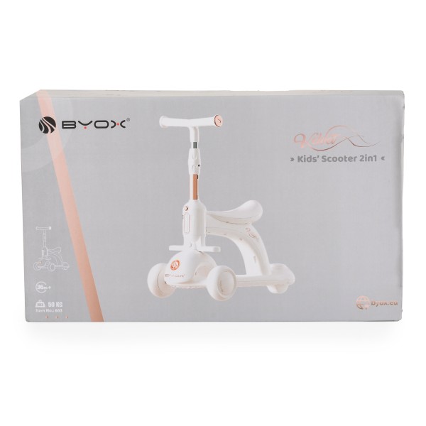 Trotinetă 2 in 1 Copii Byox Velvet Royal White – Cu Scaun, Lumină, Muzică și Ghidon Reglabil, 3+ Ani