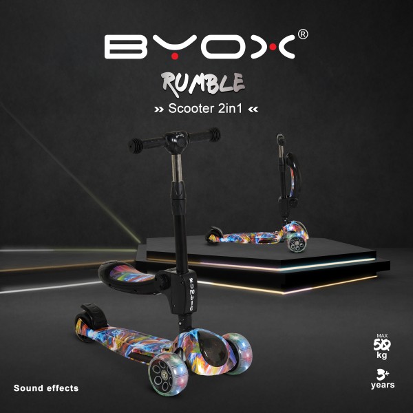 Trotinetă 2 în 1 pentru Copii Byox Rumble Wild Dragon – Cu Scaun, Muzică, Lumini 3D și Roți PU, 3–8 ani