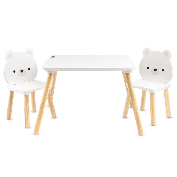Set Masă și 2 Scaune Copii Moni Toys – Design Ursuleți Albi, Lemn Natural, Ideal pentru Joacă, Desen și Studiu (3+ ani)