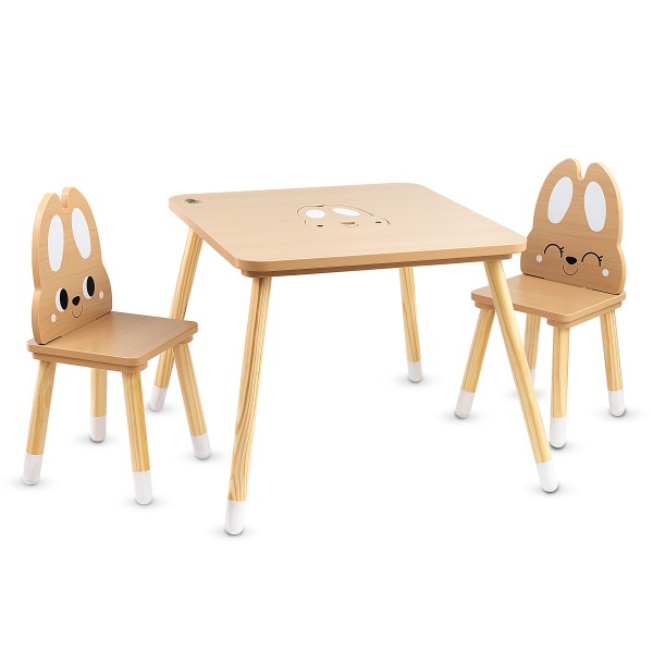 Set Masă și 2 Scaune Copii Moni Toys – Model Iepuraș, cu Spațiu de Depozitare, Lemn Natural (3+ ani)