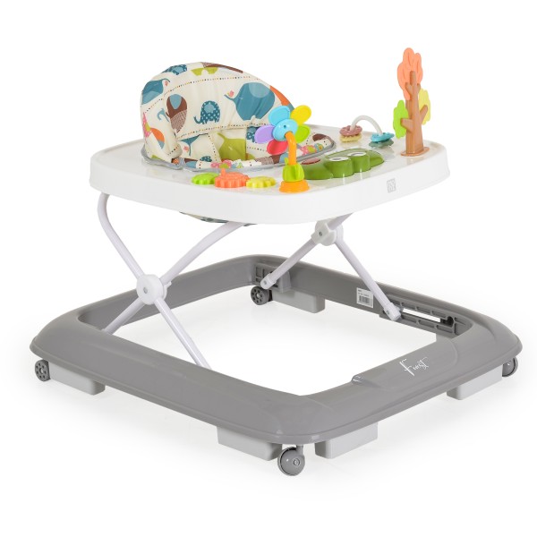 Premergător Bebe 6 Luni+ Moni Forest Grey – Panou Interactiv cu Sunete si Melodii, 3 Trepte Reglare, Design Pliabil și Jucării Incluse