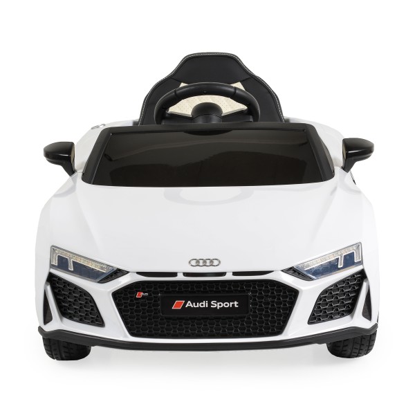 Mașinuță Electrică Copii 3–8 Ani Audi R8 Spyder White – 2 Motoare, Baterie 12V, Telecomandă, Bluetooth, Uși Funcționale, Faruri LED