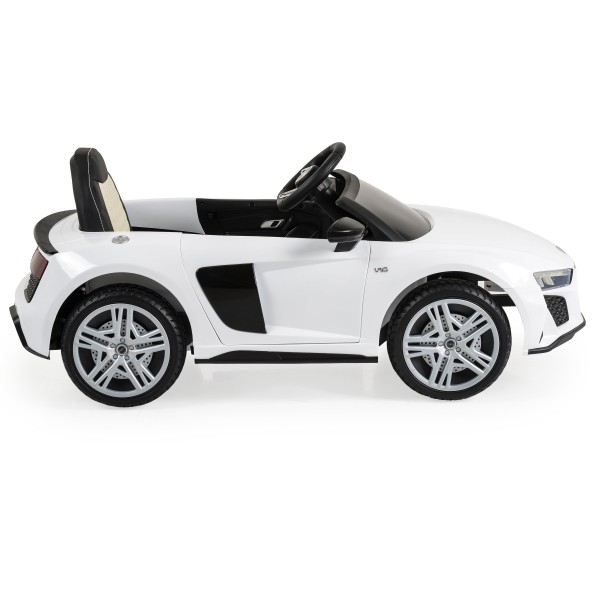 Mașinuță Electrică Copii 3–8 Ani Audi R8 Spyder White – 2 Motoare, Baterie 12V, Telecomandă, Bluetooth, Uși Funcționale, Faruri LED