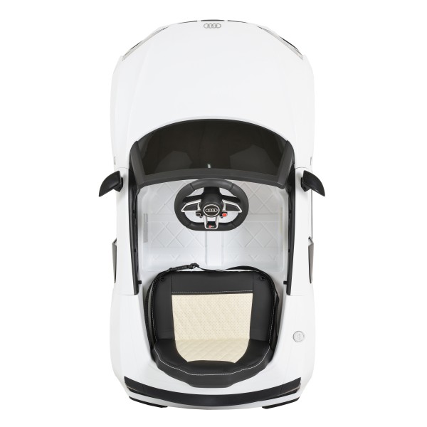 Mașinuță Electrică Copii 3–8 Ani Audi R8 Spyder White – 2 Motoare, Baterie 12V, Telecomandă, Bluetooth, Uși Funcționale, Faruri LED