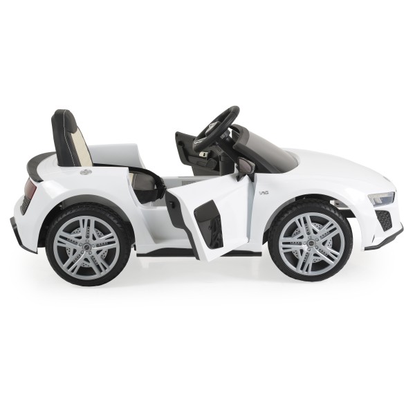 Mașinuță Electrică Copii 3–8 Ani Audi R8 Spyder White – 2 Motoare, Baterie 12V, Telecomandă, Bluetooth, Uși Funcționale, Faruri LED