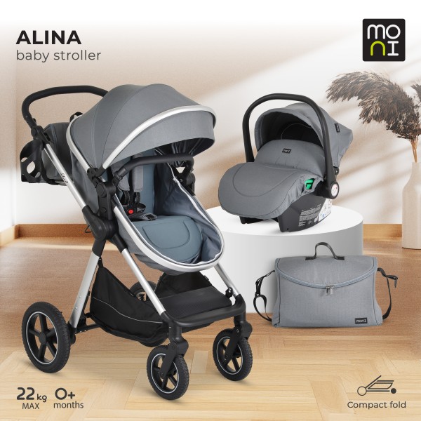 Cărucior 2 în 1 Moni Alina Seed Pearl – Transformabil în Landou, Scaun Reversibil, Compact și Ușor, Accesorii Incluse, 0–4 Ani
