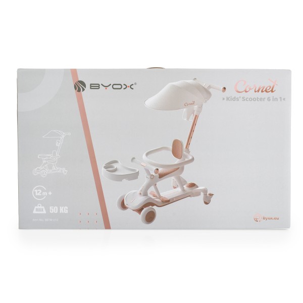 Trotinetă evolutiva 6 în 1 Byox Cornet White – Cu Scaun, Control Parental, LED și Muzică – de la 12 Luni+