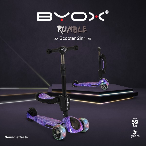 Trotinetă 2 în 1 pentru Copii Byox Rumble Purple – Cu Scaun, Muzică, Lumini 3D și Roți PU, 3–8 ani
