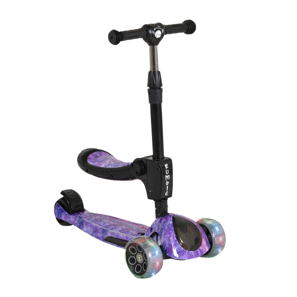 Trotinetă 2 în 1 pentru Copii Byox Rumble Purple – Cu Scaun, Muzică, Lumini 3D și Roți PU, 3–8 ani